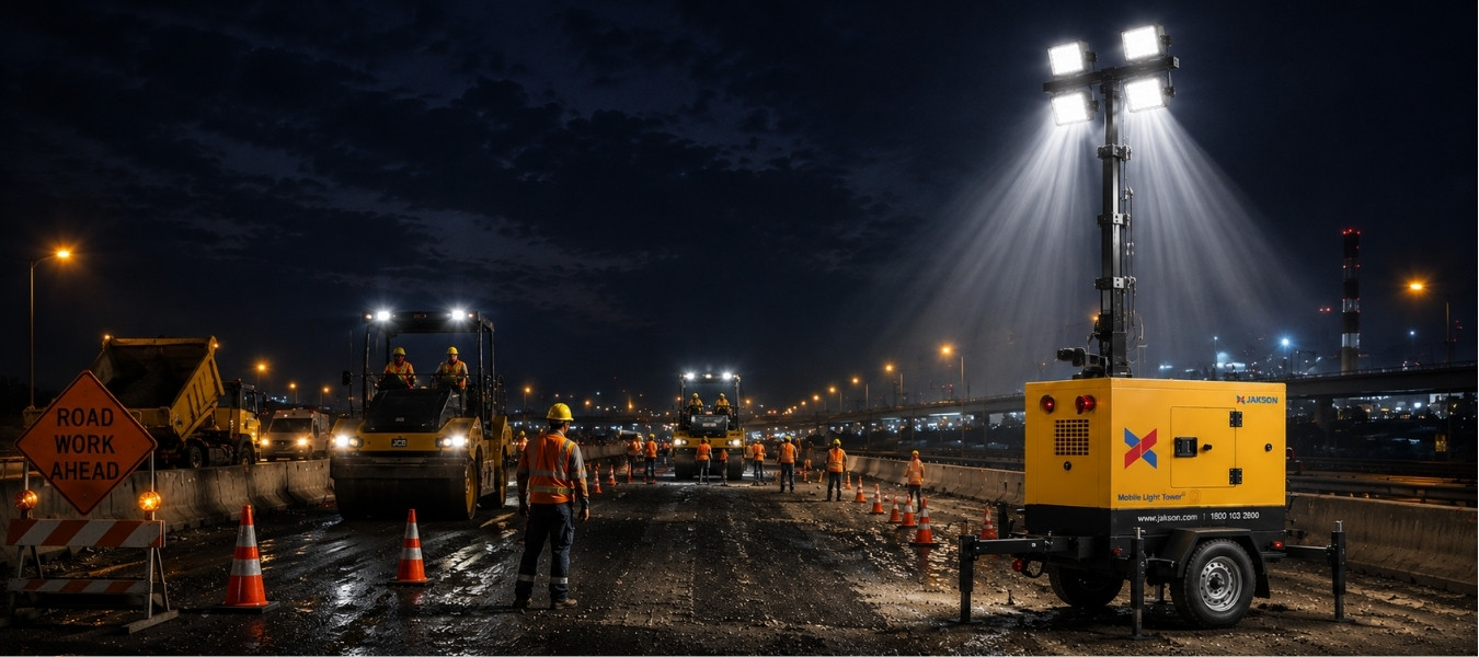 MLT Jakson Genset JAKSON Mobile Light Tower illuminating a construction site at night